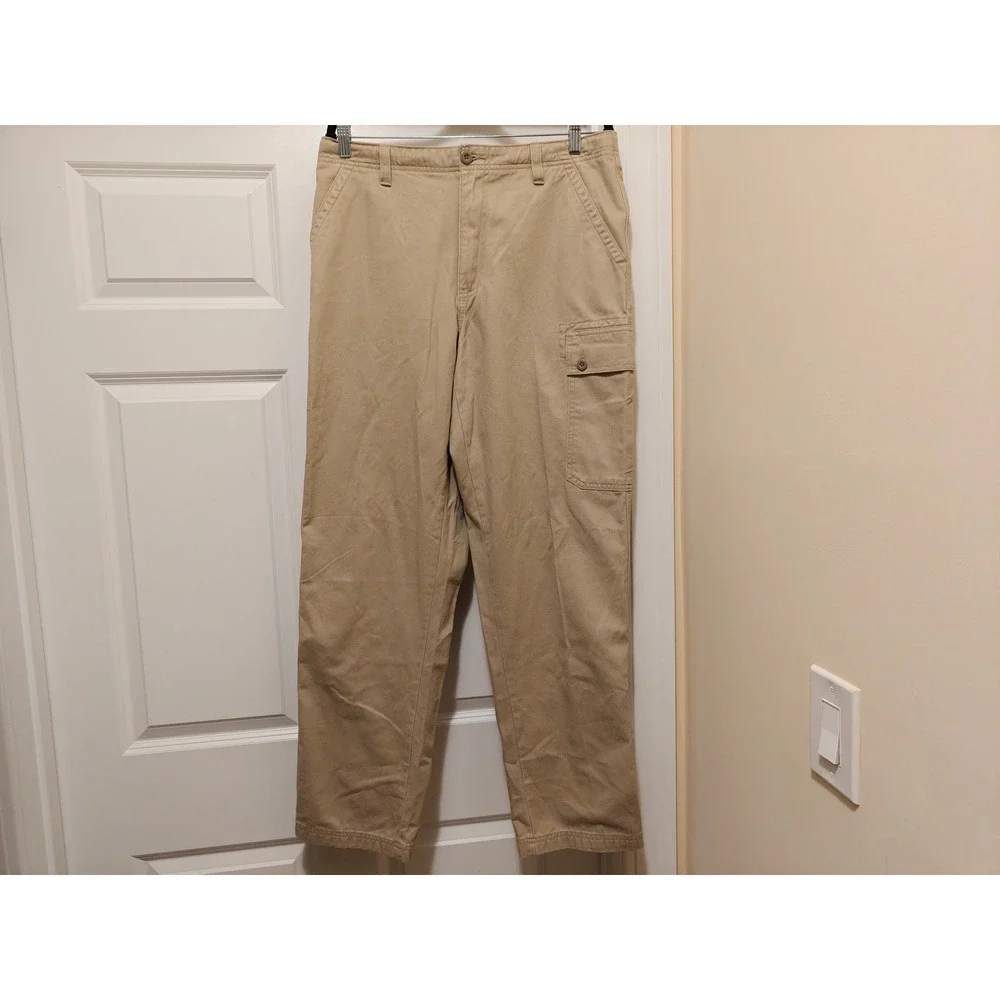 Lands End Mens Khaki Cargo Pants Tan Cotton Elastic Waist Straight Leg 32-34 M